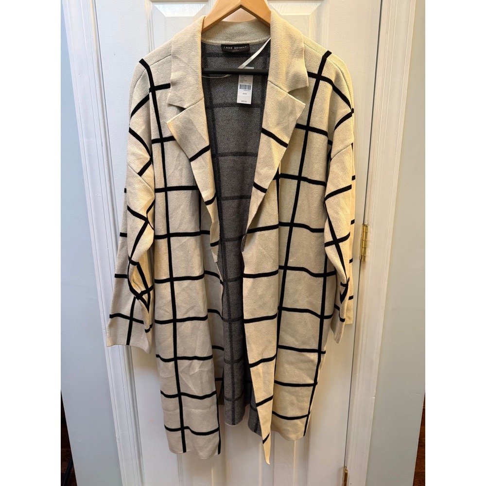 Lane Bryant Cream Black Grid Knit Coatigan Cardigan Size 22/24 New preppy
